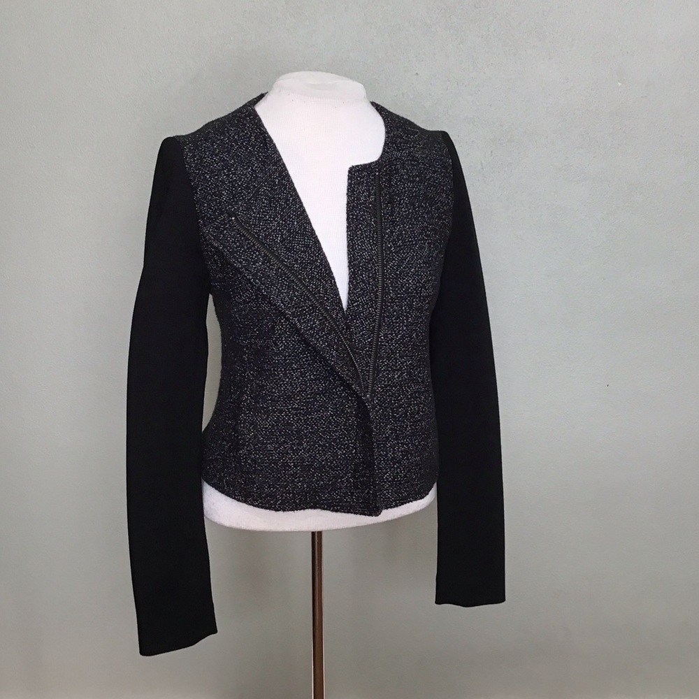 LOFT Cotton Blend Tweed Asymmetric Zip Marled Black Cropped Moto Jacket Size 0